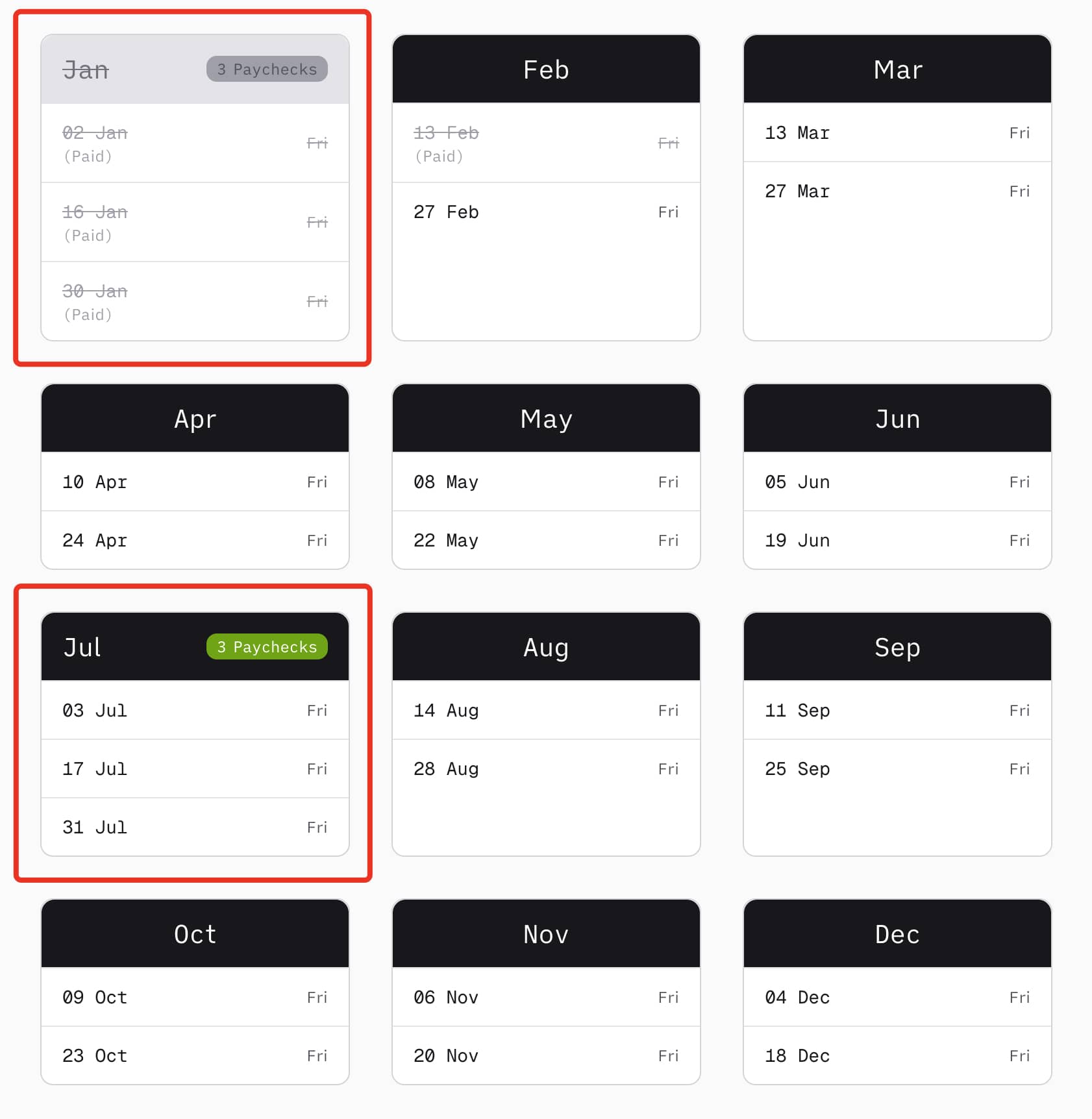 Biweekly pay date calculator showing triple paycheck months highlighted in green
